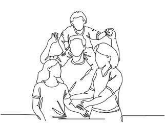 Single continuous line drawing of Happy family father and mother with children, hand drawn single line vector illustration.