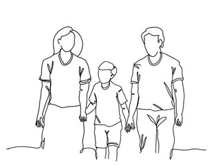 Single continuous line drawing of Happy family father and mother with children, hand drawn single line vector illustration.