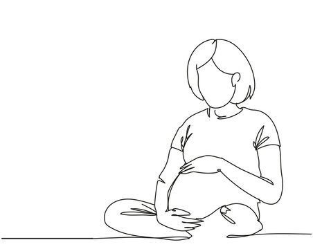 Single continuous line drawing of pregnant woman, Hand drawn single line of mother. Happy young mom is holding her pregnant belly. Happy Woman's Day. Character women with pregnancy