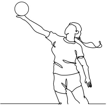 Continuous line drawing of female professional volleyball player with ball isolated on white background. Hand drawn single line vector illustration