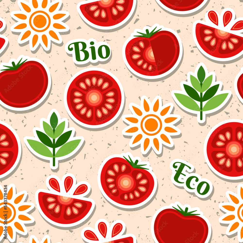 Poster tomato seamless pattern with design elements in simple geometric style. stickers of tomato slices, s