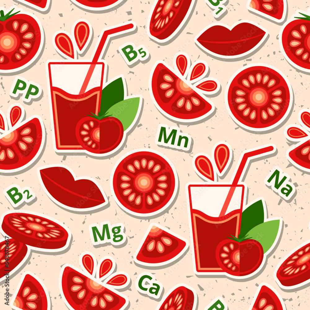 Poster tomato seamless pattern with design elements in simple geometric style. glass of juice, tomato slice