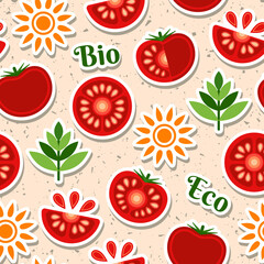 Tomato seamless pattern with design elements in simple geometric style. Stickers of tomato slices, sun. Good for branding, decoration of food package, cover design, decorative print, background