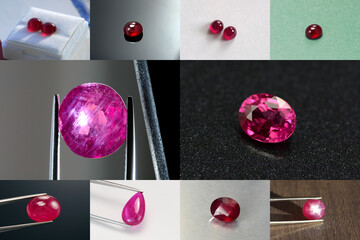 Photo collage natural red ruby gemstones. Cabochon pair, single oval stone, hold in tweezers,...