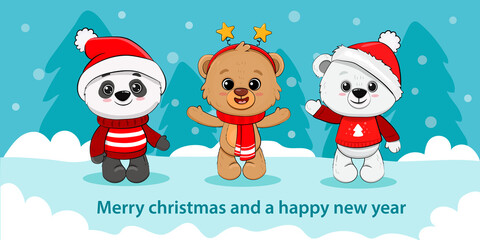 Naklejka premium set of cute cartoon bears in winter clothes isolated on winter background.Panda cub,teddy bear, polar bear on christmas card.