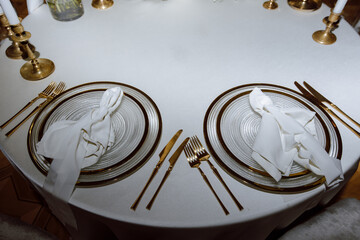 The table is set for dinner in a romantic atmosphere, top view