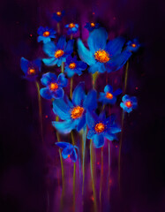 Digital pattern of watercolor blue colors in a bouquet on a purple background
