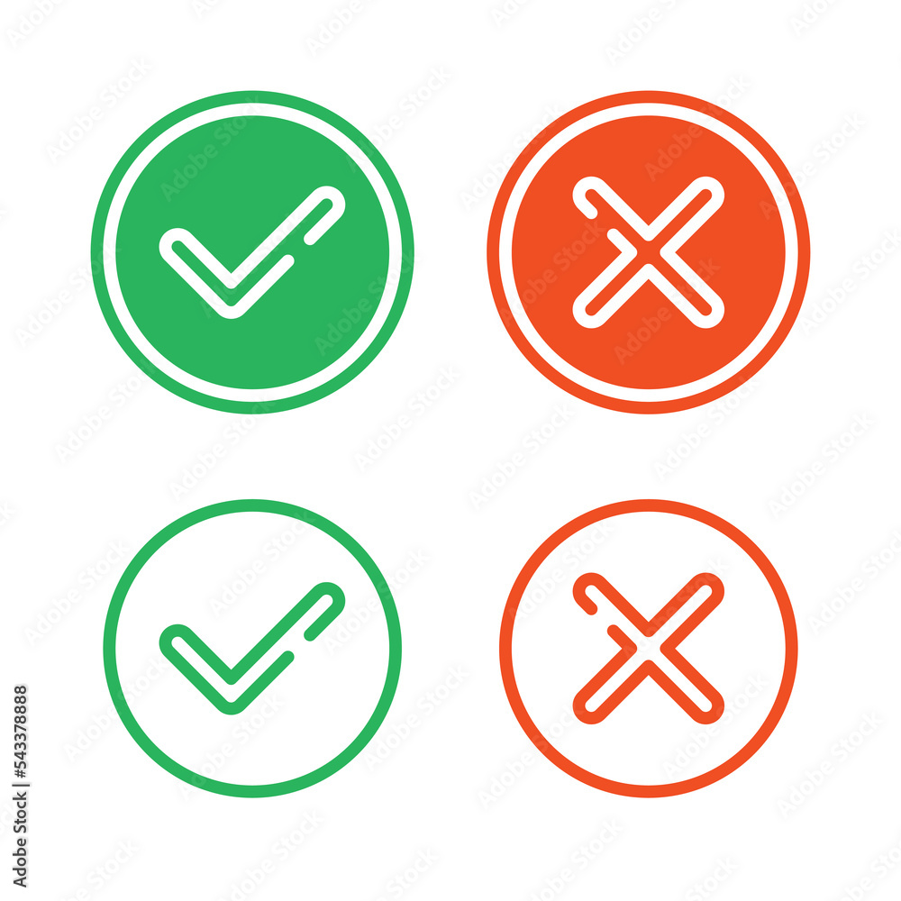 Poster thin line check mark icons set isolated on white background. green tick and red cross checkmarks but