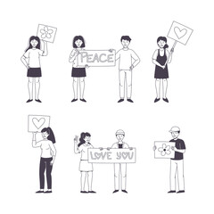 Man and Woman Character Partaking in Demonstration for Peace with Placard Vector Set
