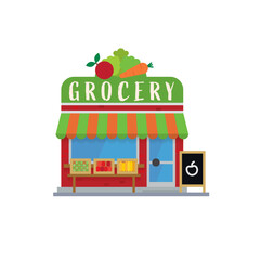 Grocery store building facade isolated flat design vector illustration