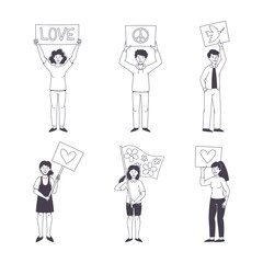 Man and Woman Character Partaking in Demonstration for Peace with Placard Vector Set
