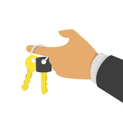Fototapeta premium Hand holding keys on key ring in hand. Illustration of bunch of golden and silver keys on keyring. Key icon cartoon design element. Concept of rental service, gift, access image or security.