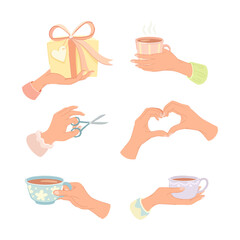 Hand Holding Different Objects Like Gift Box, Cup, Pair of Scissors and Showing Heart Gesture Vector Set