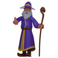 3D illustration. 3D Cartoon Witch thumbs up. has a magic wooden wand. Wear a cool conical hat. 3D Cartoon Character