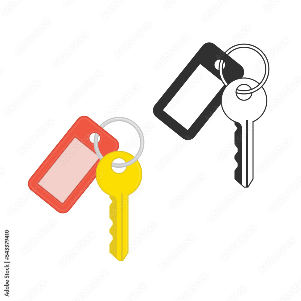 Poster key and keychain in flat style. door or car key isolated on white background. two keys with keychain