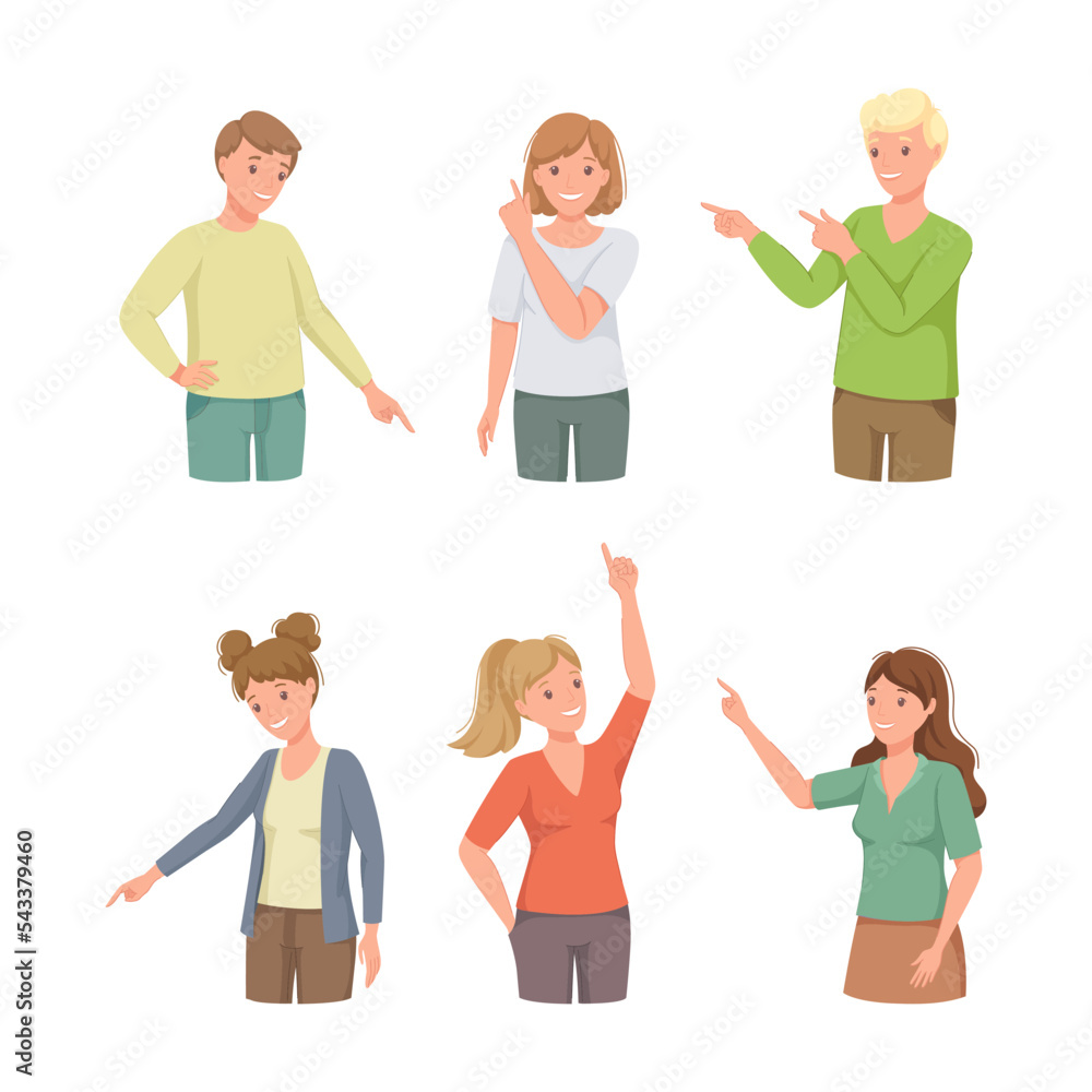 Poster people character indicating something pointing with index finger as hand gesture specifying directio