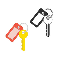 Key and Keychain in flat style. Door or car key isolated on white background. Two Keys with keychain. Purchase of real estate or realtor services concept. Bunch of keys with tag. EPS 10.