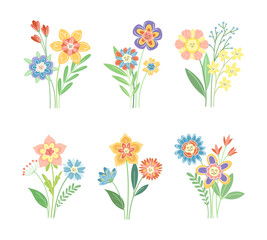 Obraz premium Smiling Flowers on Stalk with Petal and Green Leaf Vector Set