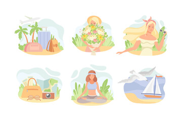 Summer Composition with Woman Holding Flower Bouquet, Doing Yoga, Suitcase, Sailing Boat with Seagull and Camera with Map Vector Set