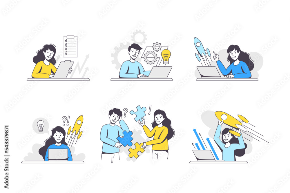 Poster business project with people character with lightbulb, rocket and jigsaw puzzle working with startup