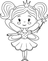 A fairy tale fairy in a princess crown with a magic wand. Vector black and white illustration. An image as a design element isolated from the background. Children's illustration, coloring book.