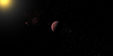 Weywot moon orbiting around Quaoar dwarf planet. 3d render
