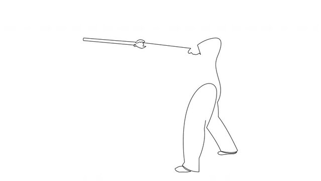 Self drawing animation of young wushu master man. Continuous line drawing of kung fu warrior in kimono with long staff on training. Martial art sport contest concept.