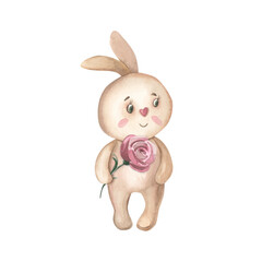Watercolor Bunny with rose flower. Cute animal for kids. Little rabbit izolated