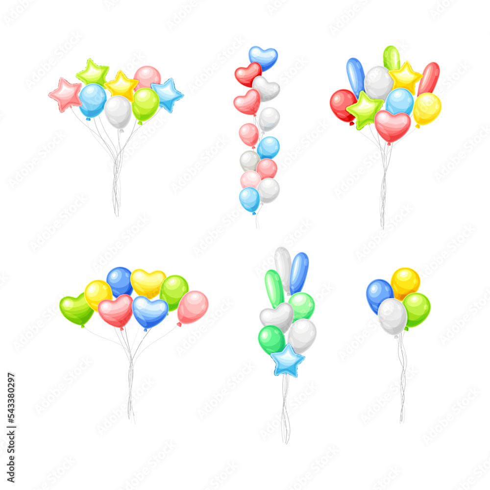 Poster bunch of colorful balloons inflated with helium on strings vector set