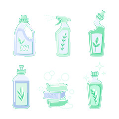 Plastic Bottle with Cleaning Detergent and Soap as Domestic Disinfectant for Washing Vector Set