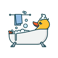 Yellow duck relaxing in a bath tub isolated cartoon vector illustration for Bubble bath Day on January 8