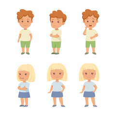 Little Girl and Boy Having Different Face Emotion and Gesture Vector Set