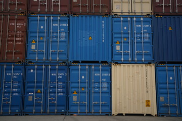 Khorgos, Kazakhstan - 09.22.2022 : Cargo containers stand in a row after unloading at the dry port of Khorgos.