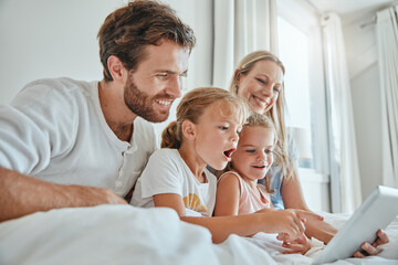 Tablet, children and family in bed with a mother, father and daughter siblings streaming online...