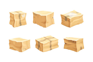 Crumpled Cardboard Box with Corrugated Sides as Packaging and Shipping Container Vector Set