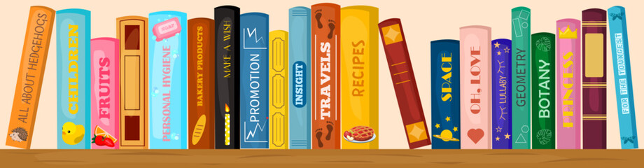 Vector bookshelf made of wood with books. Literature for the whole family. Children's reading. Creative banner for bookstore, library, fairs.