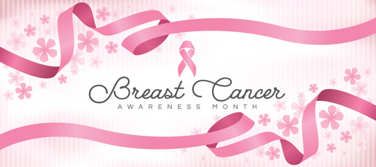 Breast cancer awareness month text and pink ribbon sign on soft pink texture background and long pink ribbon frame around vector design