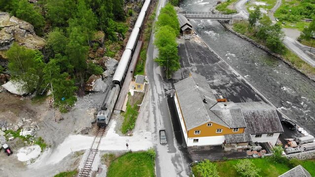 Aerial: Fl&aring;m train going through a valley among green meadows. Close shot