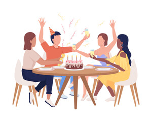 Birthday party with friends semi flat color vector characters. Editable figures. Full body people on white. Festive celebration simple cartoon style illustration for web graphic design and animation