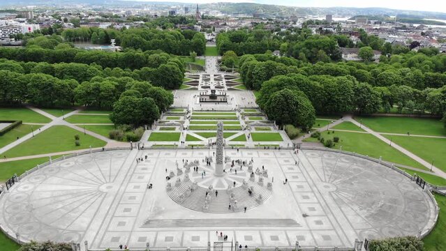 Aerial: Frogner Park in Oslo, Norway. Vigeland park. Vigelandsanlegget