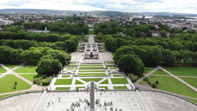 Aerial: Frogner Park in Oslo, Norway. Vigeland park. Vigelandsanlegget