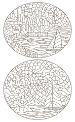 A set of contour illustrations in the style of stained glass with seascapes, dark contours on a white background