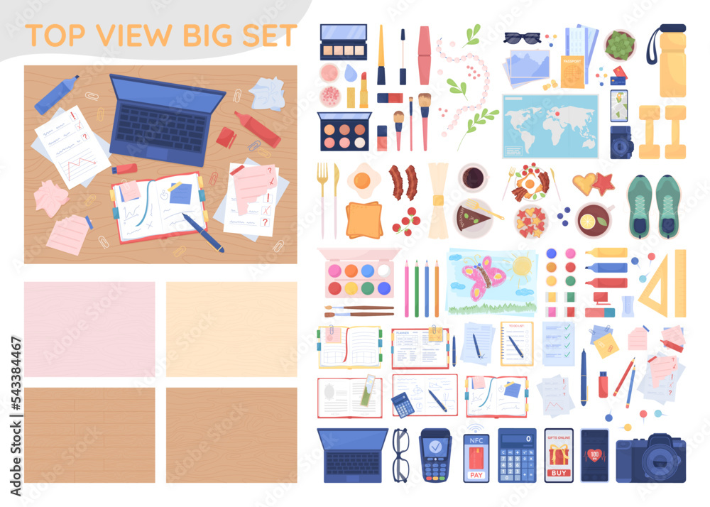 Poster top view items 2d vector isolated illustrations big set. pack of flat objects with cartoon backgroun