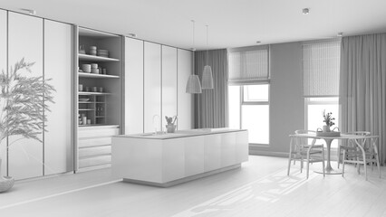 Total white project draft, minimalist japandi kitchen. Island and dining table with chairs, parquet floor. Luxury interior design