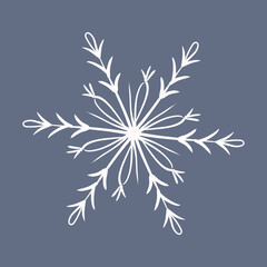 Snowflake in doodle style, winter holiday decoration on background.