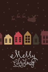 Obraz na płótnie Canvas Greeting card with winter houses and Santa Claus and Merry Christmas inscription. Vector illustration in flat style. Holiday design for greeting card, invitation, cover, calendar, etc.