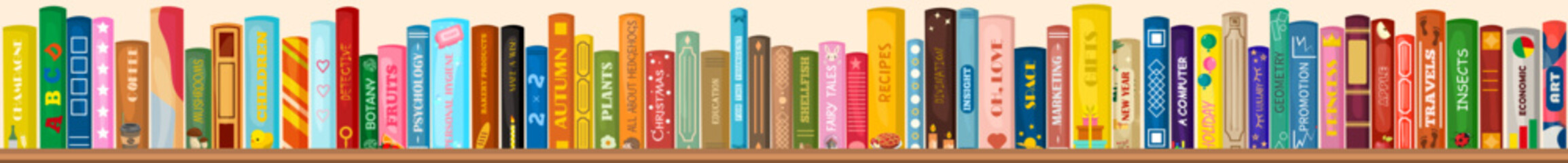 Vector bookshelf made of wood with books. Literature for the whole family. Children's reading. Creative banner for bookstore, library, fairs. © ODES