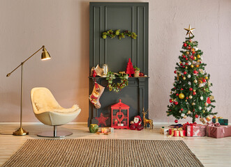 New year interior room concept with black fireplace, Christmas tree ornament, armchair and gift box style.