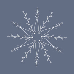 Snowflake in doodle style, winter holiday decoration on background.