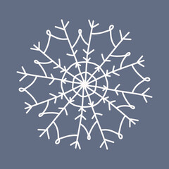 Snowflake in doodle style, winter holiday decoration on background.